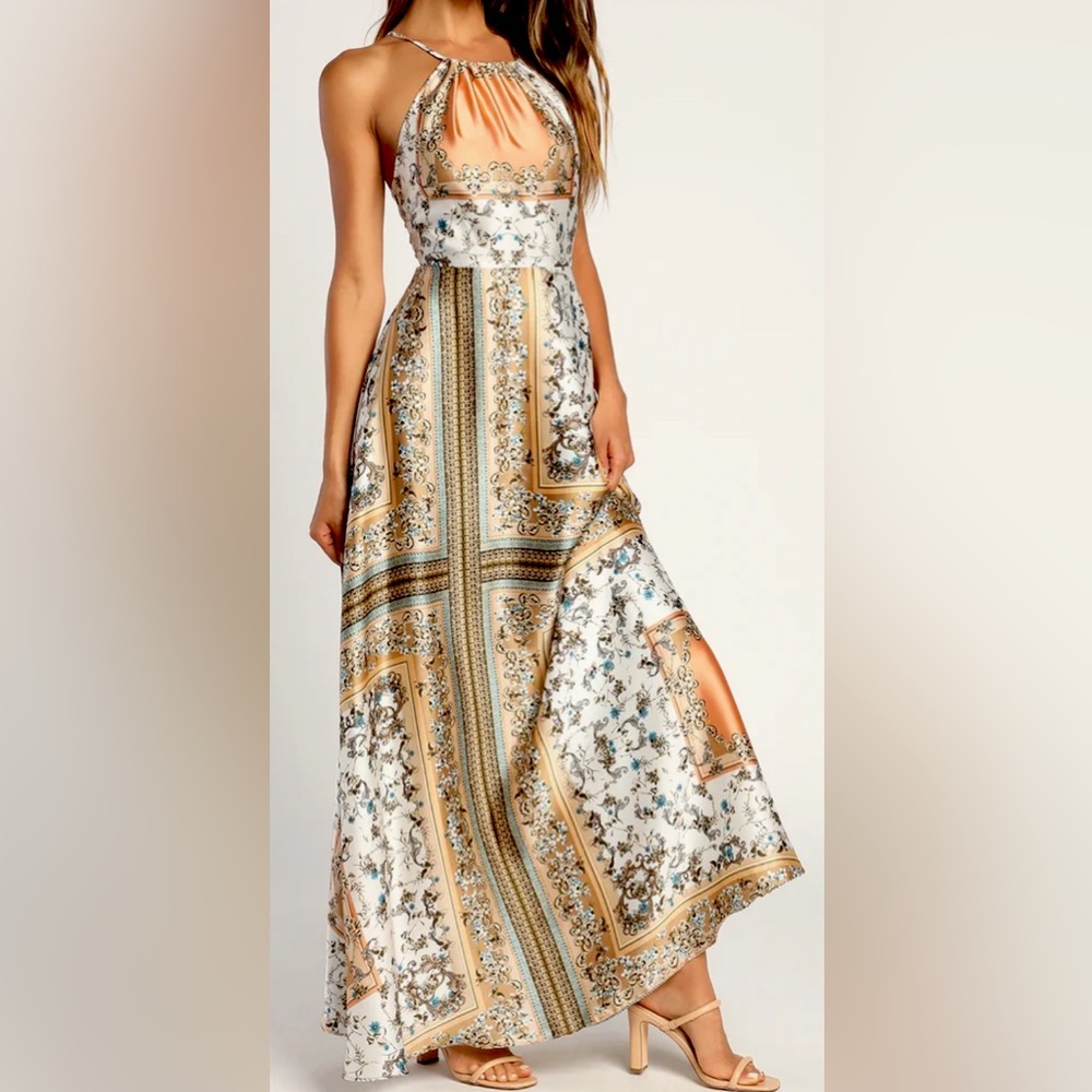 Lulu’s Divinely Inspired White Scarf Print Satin Backless Maxi Dress, Size M